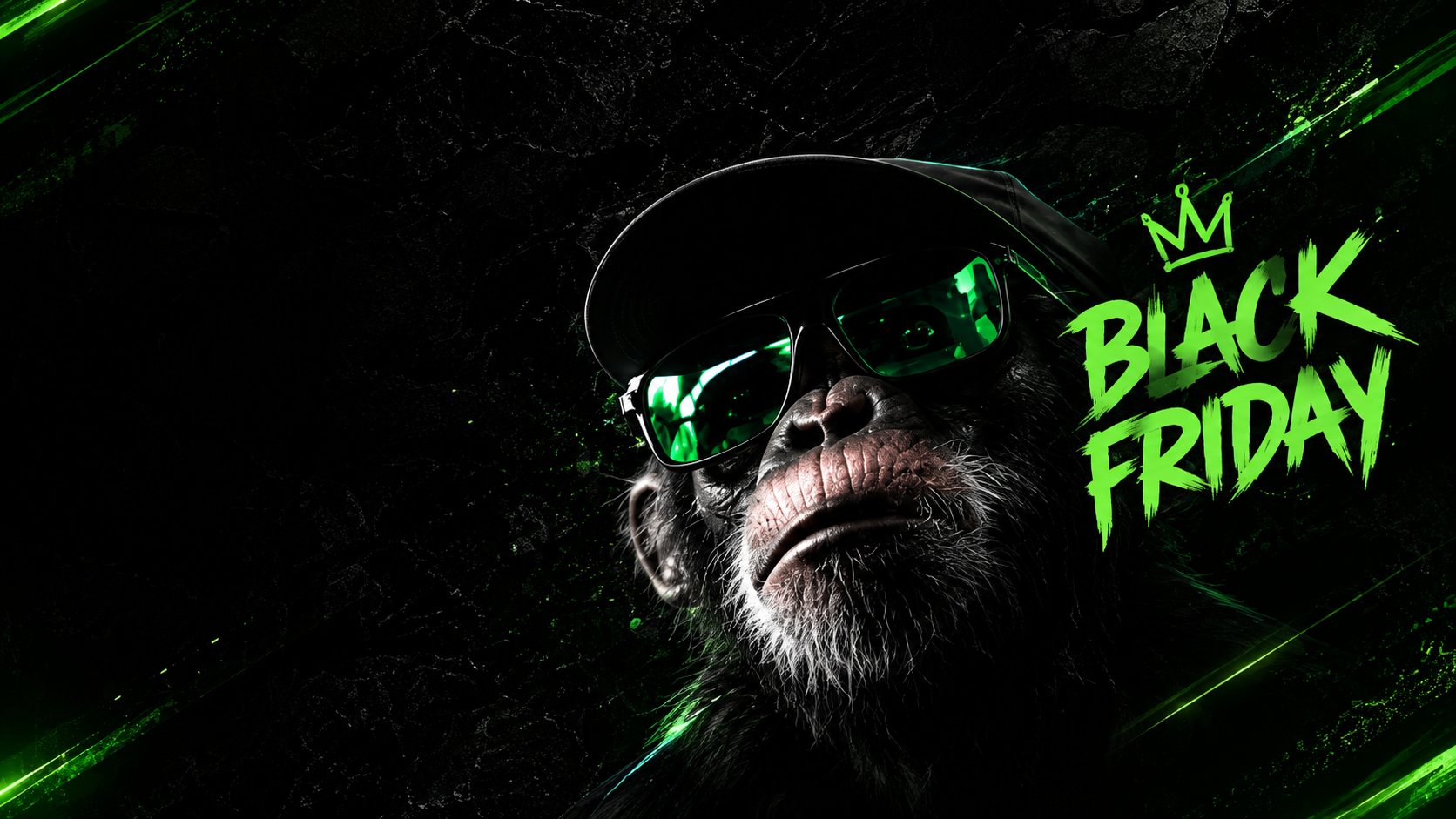 Chimpanzé de boné e óculos com reflexo verde ao lado do lettering Black Friday