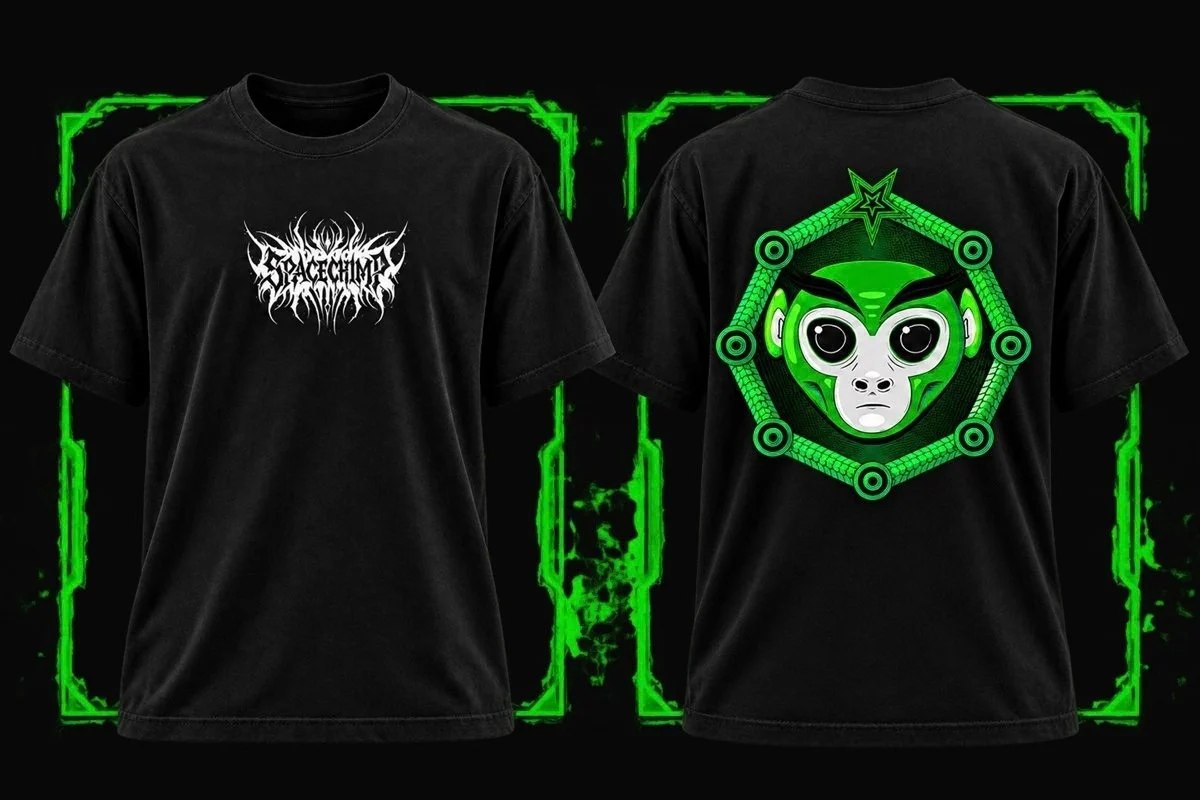Camiseta Space Chimp preta: frente com logo SPACECHIMP e costas com estampa do macaco verde
