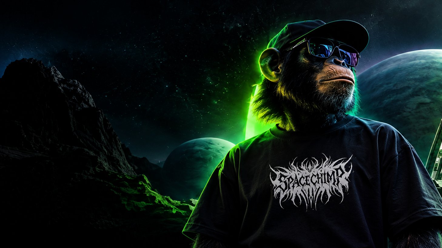 Chimpanzé de boné e óculos vestindo camiseta Space Chimp em paisagem espacial com brilho verde neon